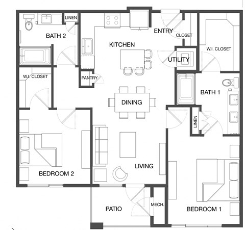 Floor plan for 2 beds, 2 baths, 1225 sqft